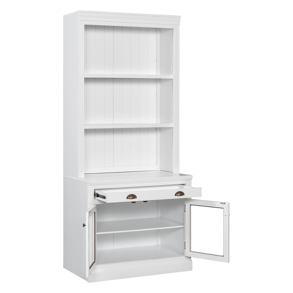 English Elm 83.4"Tall Modern Bookcase With Glass Doors & Drawer - Stylish Storage For Living Room Or Office Use N751S323419K