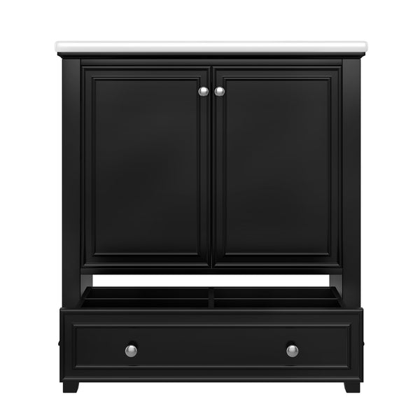 English Elm 30" Bathroom Vanity with Sink — Modern Freestanding 30" Cabinet with Ceramic Top, Drawer, Doors, Shelf Black N725P221263B