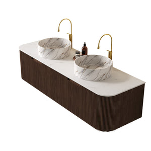English Elm Dina 60" Wall-Mounted Bathroom Vanity With Curved Sinks, Dark Walnut Cabinet & Soft-Close Drawers W2615S00497