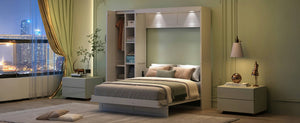 English Elm Full Size Murphy Bed with Open Shelving Wardrobe and Led Lighting for Studio Spaces White LP000898AAK