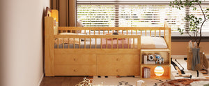 English Elm Low Twin Loft Bed with House-Style Headboard and Built-In LED Lights for Modern Kids' Rooms Natural 42.91 L x 28.35 W x 6.69 H W2593S00007