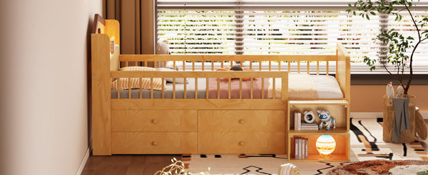 English Elm Low Twin Loft Bed with House-Style Headboard and Built-In LED Lights for Modern Kids' Rooms Natural 42.91 L x 28.35 W x 6.69 H W2593S00007