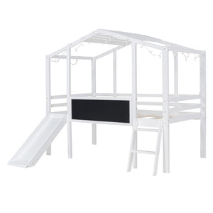 English Elm Twin House Loft Bed with Slide Chalkboard Panel and Led Roofline for Kids White WF324323AAK