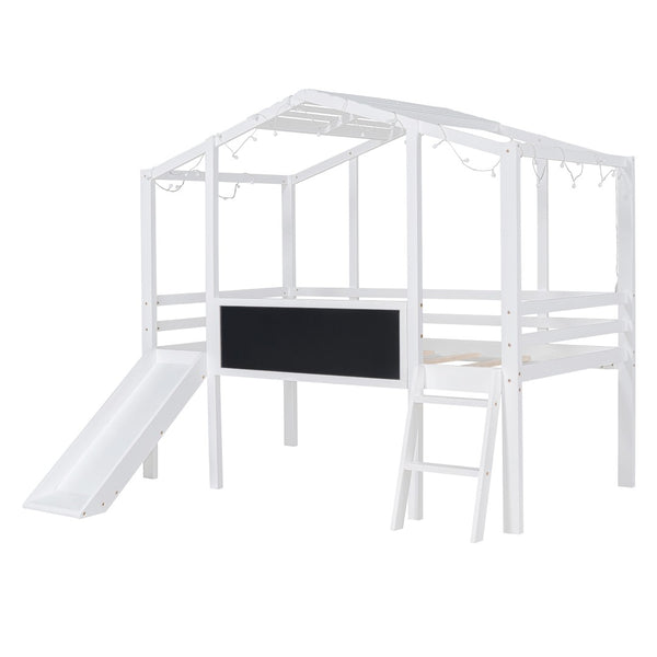 English Elm Twin House Loft Bed with Slide Chalkboard Panel and Led Roofline for Kids White WF324323AAK