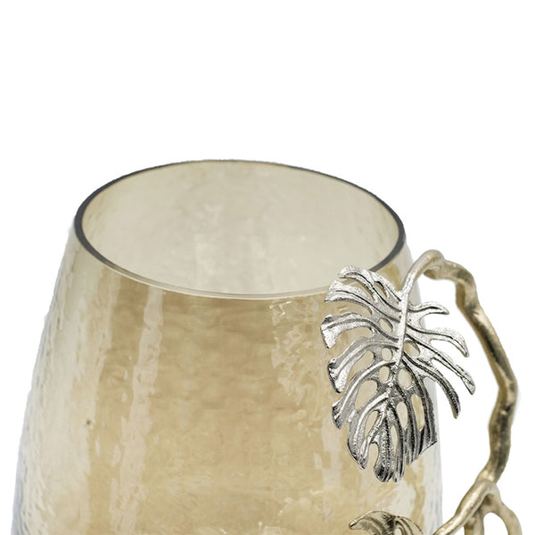 English Elm 9.8x8.5x10.8" Palm Motif Hurricane Holder Silver Aluminum Smoke Glass Mantel Decor W2078P490401