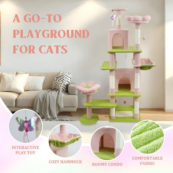 English Elm 71 Inch Floral Cat Tower with Condo Hammock Sisal Posts and Plush Perches for Large Breeds Pink W243P326627