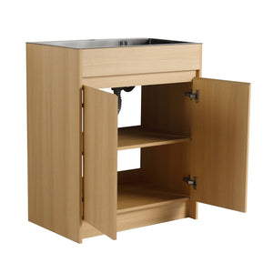 English Elm 28" Freestanding Bathroom Vanity with Gun-Gray Stainless Sink, Soft-Close Doors, Adjustable Shelves, Plywood Finish W999P376890