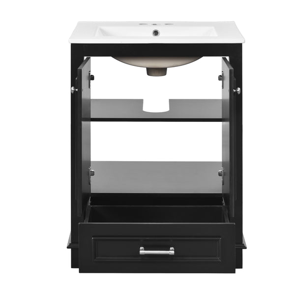 English Elm 24'' Bathroom Vanity with Ceramic Sink Combo Modern Freestanding MDF Cabinet with Soft-Close Doors and Sleek Silver Handles for Spacious Organized Bathroom Storage Black N710P194893B