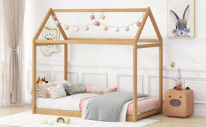 English Elm Twin Size Wooden House Bed with Pine & MDF Frame, Low Height Safety Design, Easy Assembly, 400lb Capacity N716P227423D