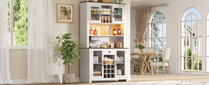 English Elm 70.9" Farmhouse Hutch Pantry with Led Lighting Wine Rack Mesh Doors and Built-in Power White CH361426AAK