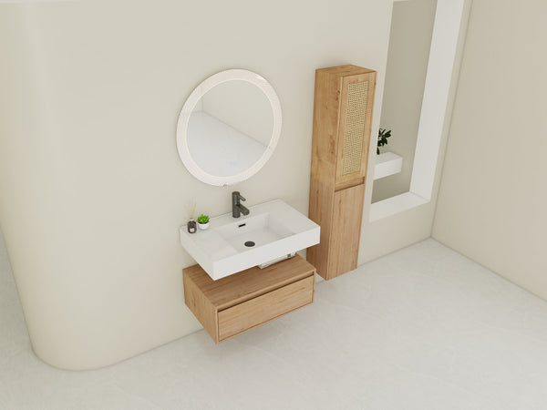 English Elm 30 Inch Wall-Mounted Bathroom Vanity Set With Resin Sink & Soft-Close Drawers For Modern Spaces W999S00350