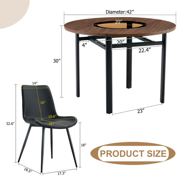 English Elm Table Set 42 Inch Round Wood Grain Glass Inlay with Six Tech-fabric Dining Chairs Brown+Black W1151S04482