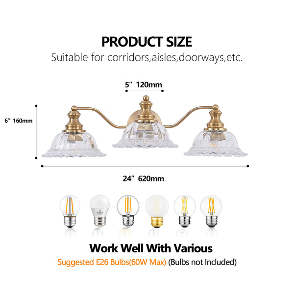 English Elm 24 Vintage 3-Light Bathroom Wall Sconce with Iron and Glass Shades - Elegant Vanity Fixture for Mirror Gold W1340P284603