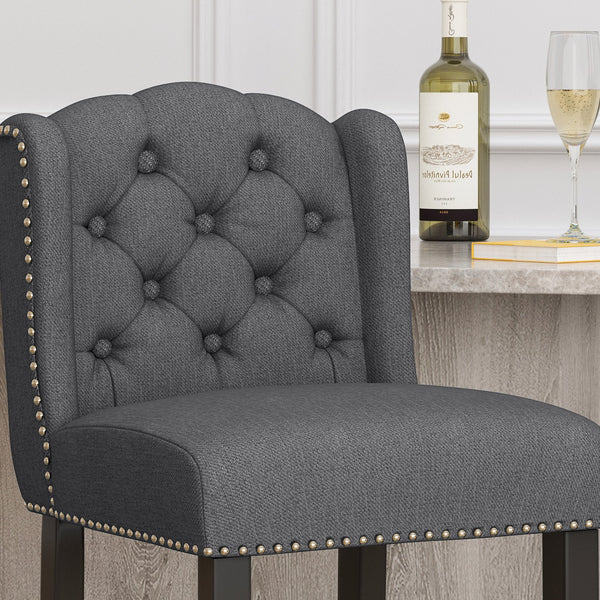 English Elm Christopher Knight Home® - Vienna Tufted Wingback Counter Stools Set of 2 — Button-Tufted Fabric, Nailhead Trim, Rubberwood Frame Charcoal 64856.00CHAR