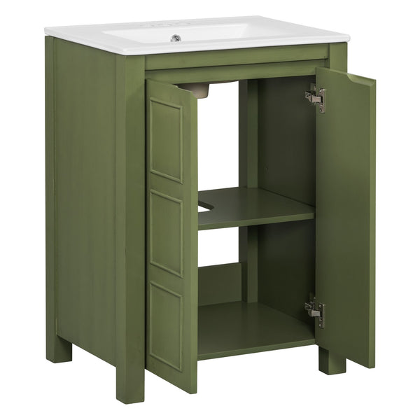 English Elm 24" Vintage Style Small Bathroom Vanity Olive Green with Ceramic Sink, Soft-Close Doors, Shelf (95) N729P292015F