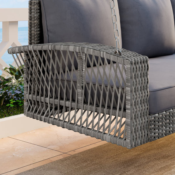 English Elm GO 69" PE Wicker 3-Person Porch Swing with 800lb Capacity, Cushioned Patio Bench for Backyard Relaxation Gray N704P250643E