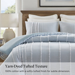 English Elm 3-piece Cotton Yarn Dyed Duvet Cover Set with Jacquard Pompom Stripe Bedding Blue B035P482896