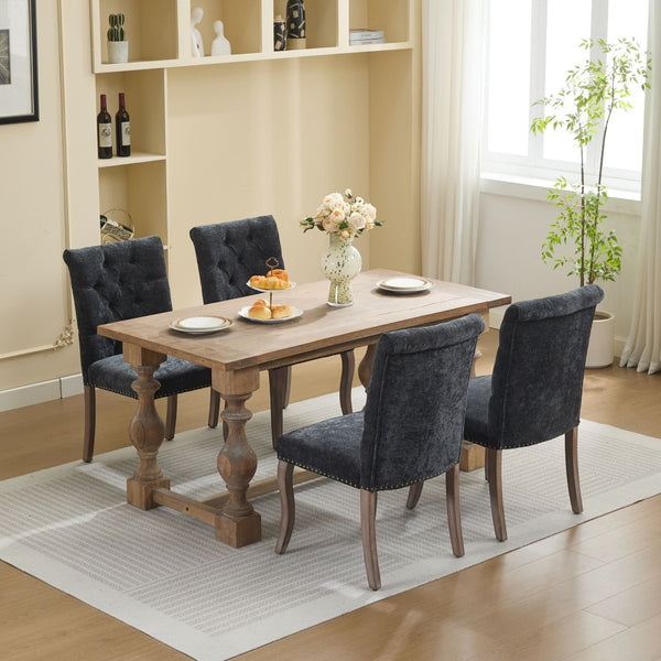 English Elm Upholstered Chenille Tufted Dining Chairs Set of 2 with Curved Wood Legs Club Style Black W1143P457781