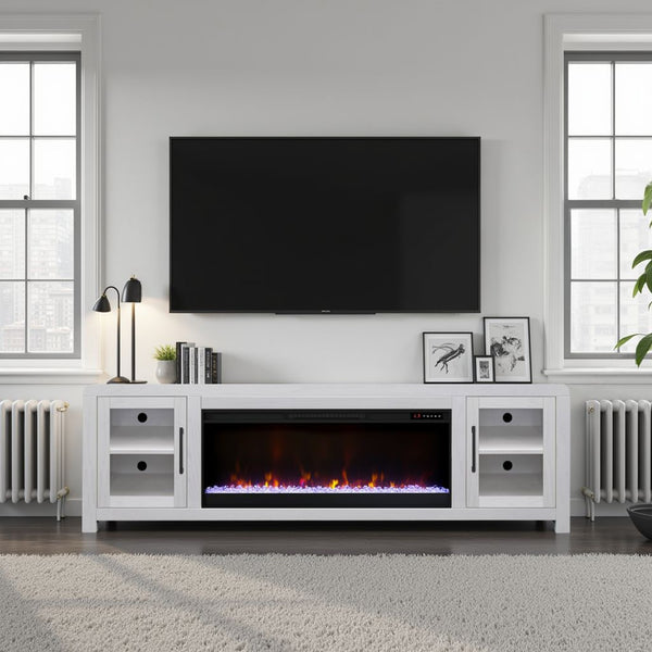 English Elm Haven 82" TV Stand with 42" Electric Fireplace, Oak Veneer, Glass Doors, Cable Management, White finish B108P364422