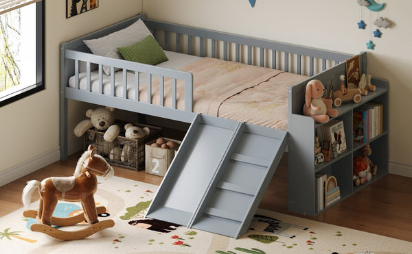 English Elm Twin Platform Kids Bed with Slide Ladder Guardrails Storage Shelf Wood Frame Gray N733S415411E