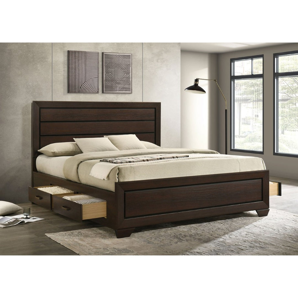 English Elm Holmgren Eastern King Storage Bed with Recessed Panel Headboard in Dark Cocoa Wood B062S01811