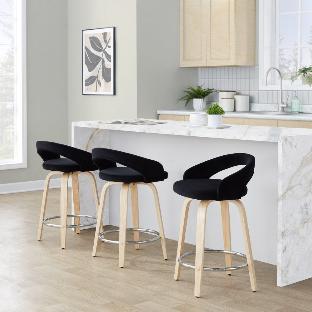 English Elm Fixed-height Swivel Counterstools with Velvet Seats Bent Wood Legs Chrome Footrest Set of 2 B202S01763