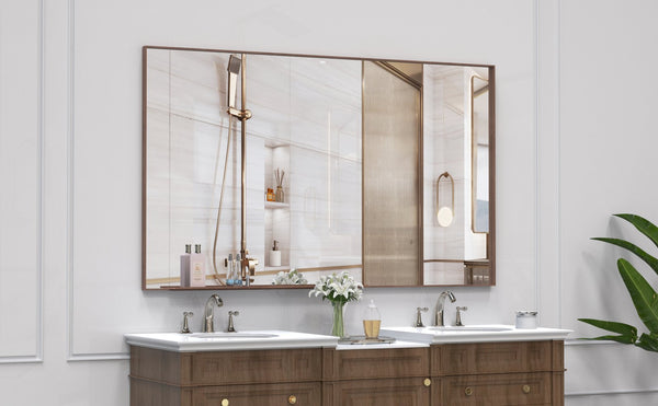 English Elm 60*36" Oversized Modern Rectangle Bathroom Mirror with Walnut Aluminum Frame Removable Tray, Versatile Wall or Floor Mount, HD Reflection and Durable Design W708P297589