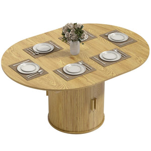 English Elm Storage Pedestal Dining Table Extendable Round to Oval Seats Six Farmhouse Style T3971P459415