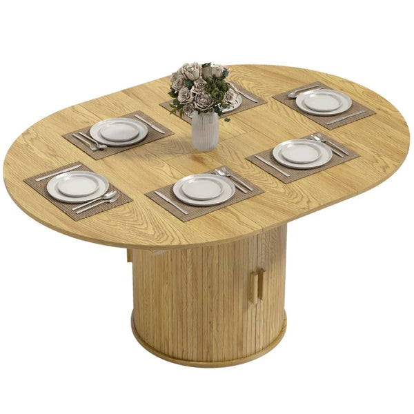 English Elm Storage Pedestal Dining Table Extendable Round to Oval Seats Six Farmhouse Style T3971P459415
