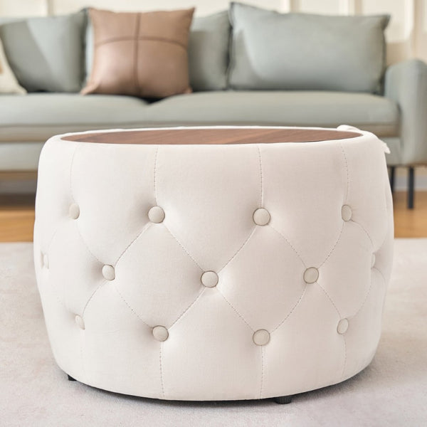 English Elm Ball Cast Round Nesting Ottoman Set Linen Upholstered Hidden Storage with Wooden Tray Beige W3163P379358