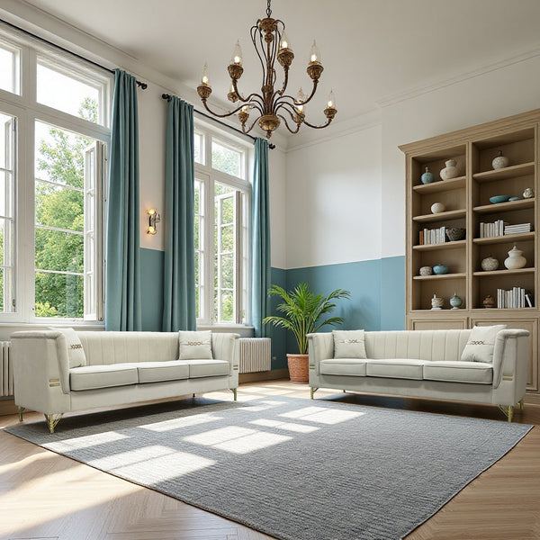 English Elm FX-P82-2PC Velvet Sofa Set of 2 — Plush Tufted 3-Seater Couches with Gold Metal Legs for Stylish Homes Beige W576S00240