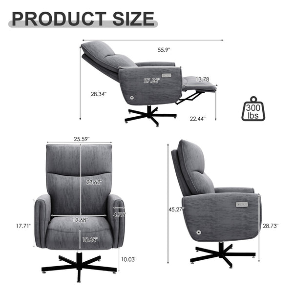English Elm Power Swivel Velvet Recliner with Usb Charging for Living Room or Home Office Grey W3568P431987