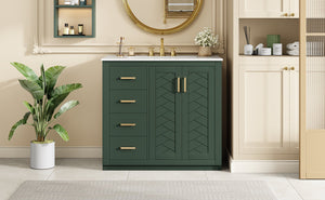 English Elm 36'' Bathroom Vanity with Ceramic Sink Combo, Solid Wood Frame, Soft-Close Drawers and Stylish Retro Groove Design Green N710P291684F
