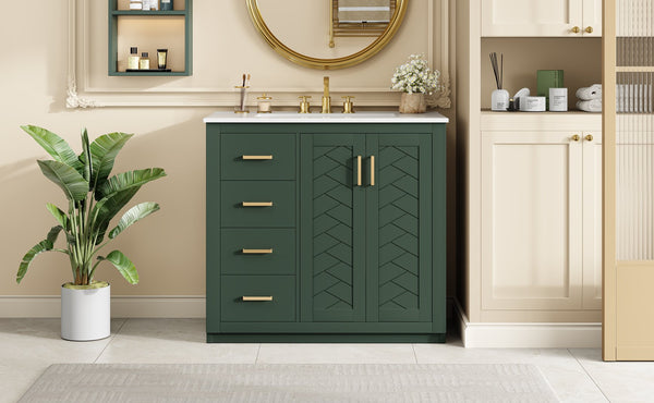 English Elm 36'' Bathroom Vanity with Ceramic Sink Combo, Solid Wood Frame, Soft-Close Drawers and Stylish Retro Groove Design Green N710P291684F