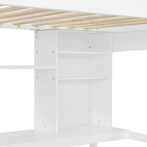 English Elm Twin Loft Bed with Built-in Desk Corner Shelves and Ladder Solid Pine White Frame LT100140KAA