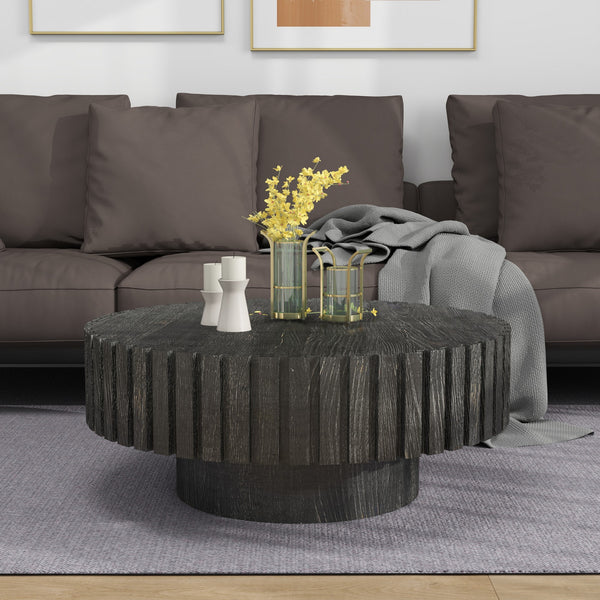 English Elm Modern Circular Black Coffee Table, 31.4-Inch Natural Wood Design For Living, Study & Dining Rooms W1727P251153