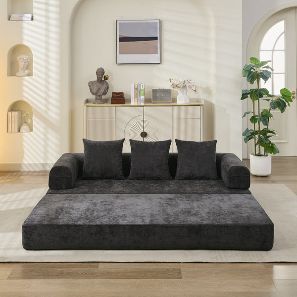 English Elm Comfy Chenille Folding Floor Sofa Bed with Armrest for Studio and Guest Rooms Black W1143P401144