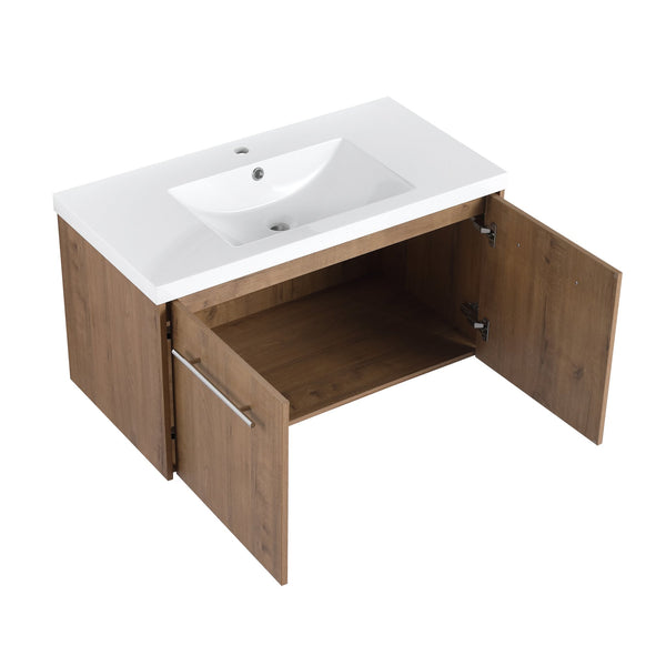 English Elm 36 Inch Floating Bathroom Vanity with Resin Sink, Soft-Close Doors, KD Pack, Modern Storage Design W999P188200