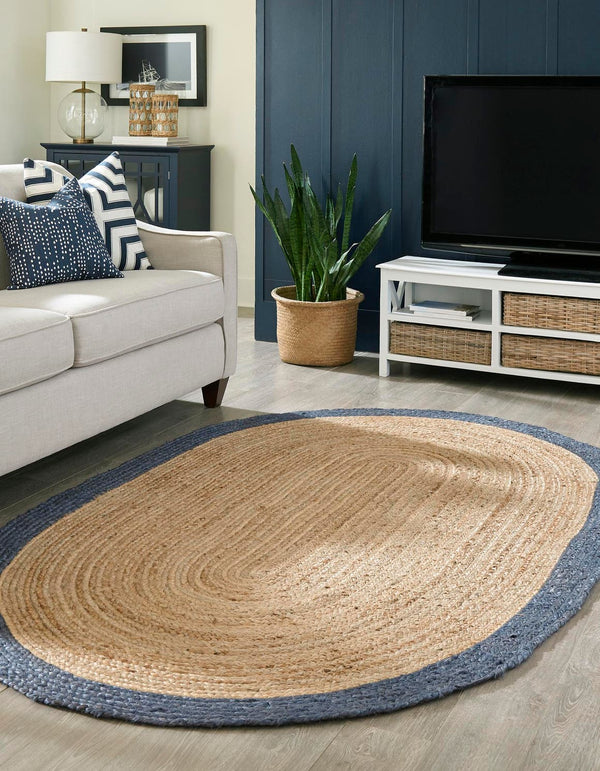Unique Loom Braided Jute Goa Hand Braided Border Rug Natural, Navy Blue 5' 1" x 8' 0"
