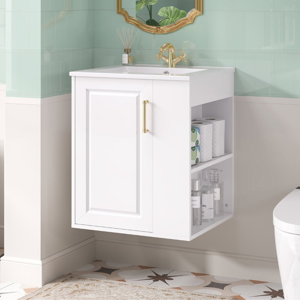 English Elm 20" Floating Bathroom Vanity with Ceramic Sink Soft Close Door and Open Side Shelf N710P332061K