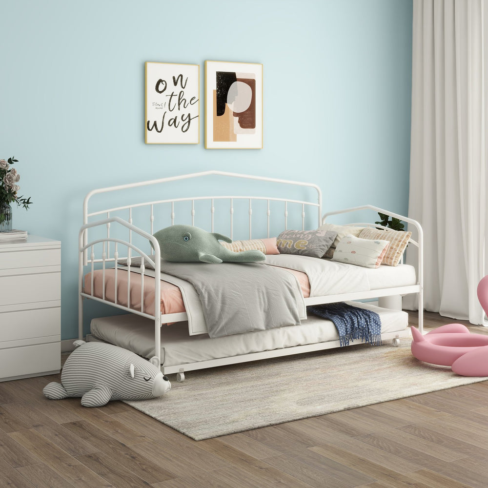 English Elm Fox Twin Daybed with Twin Trundle Metal Frame, Easy-Glide Casters, Anti-Noise Slats, No Box Spring Needed White B083P154255