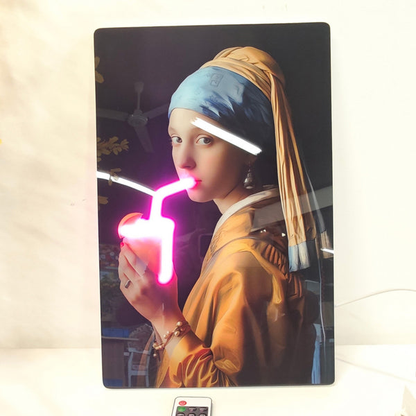 English Elm 24X16 Neon Style Led Wall Art – Illuminated Girl With Pearl Earring Acrylic Print For Modern Spaces T3976P383261