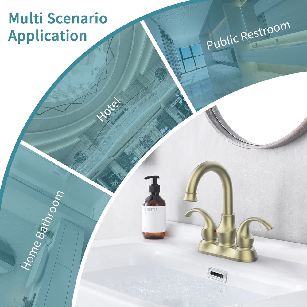 English Elm Bathroom Faucet 2-Handle Brushed Gold - 360° Spout, Crescent Moon Design, Easy Installation Kit Included T3177P277486