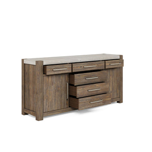 A.R.T. Furniture Stockyard Credenza: Transitional Style With Smoked Finish, Travertine Top, And Ample Storage Solutions Brown Ash Solids,Knotty White Oak Veneers,Travertine 284252-2303