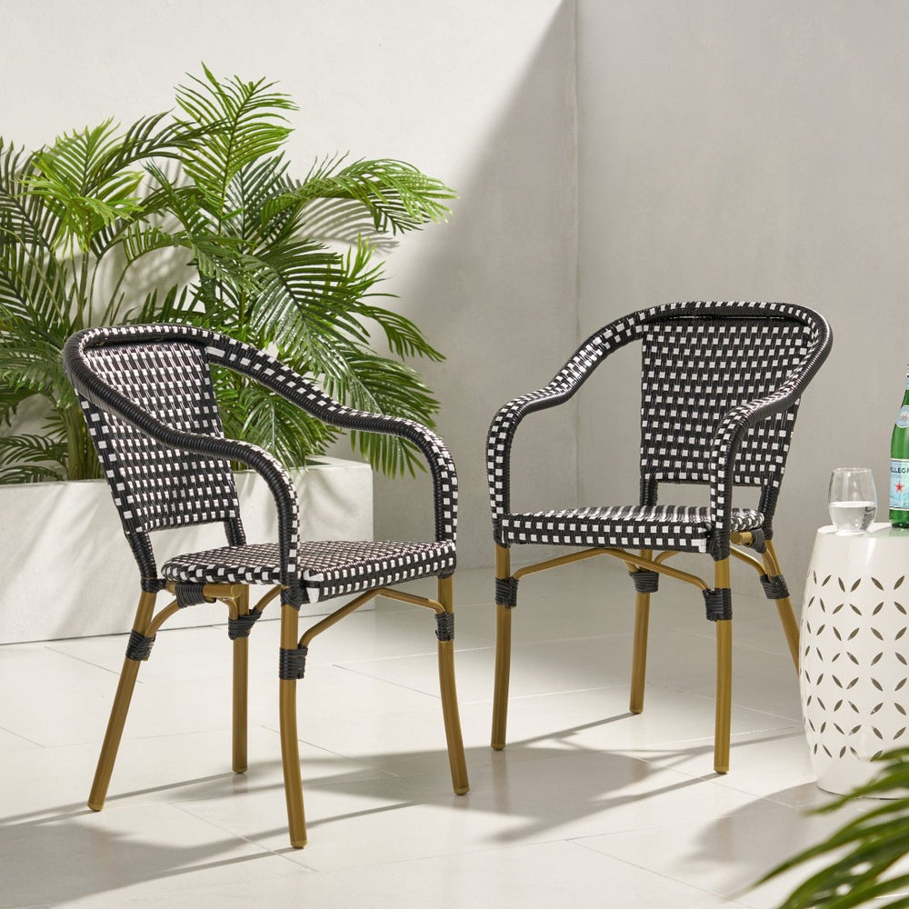 English Elm Bistro Chair Set of 2 French Country Woven Aluminum Outdoor Patio Seating Pair Black White 72906.00BLK