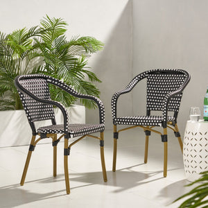 English Elm Bistro Chair Set of 2 French Country Woven Aluminum Outdoor Patio Seating Pair Black White 72906.00BLK