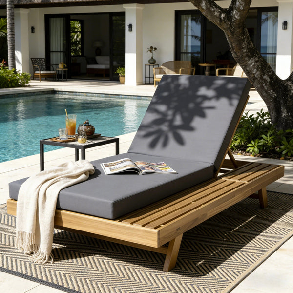 English Elm Lounge Chaise Outdoor Acacia Wood Slatted Frame with Water Resistant Cushion Resort Style Dark Gray,Light Brown N770P442L429CUSHDGRY