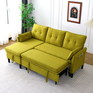 English Elm L-Shaped Reversible Chaise Sectional Sofa with Storage and Fold-Out Bed Cotton-Linen Modern Design Green W3371S00026