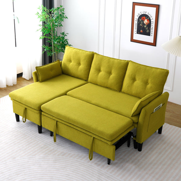 English Elm L-Shaped Reversible Chaise Sectional Sofa with Storage and Fold-Out Bed Cotton-Linen Modern Design Green W3371S00026
