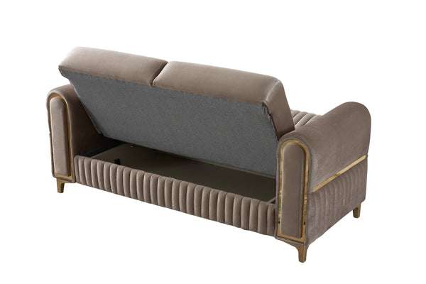 English Elm Melody Velvet Upholstered Sleeper Loveseat with Gold Accents, Vertical Tufting & Convertible Comfort taupe B009S01833